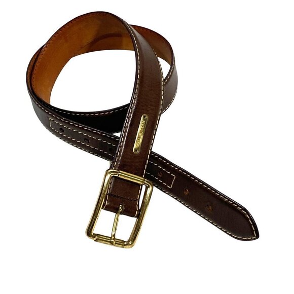 Cole Haan Mens Leather Belt Solid Brass Buckle Made In USA Brown Tan Size 32 - Picture 1 of 11